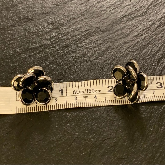 Black Beaded Rose Flower Stud Earrings with Silver Tone Trim - Picture 8 of 9